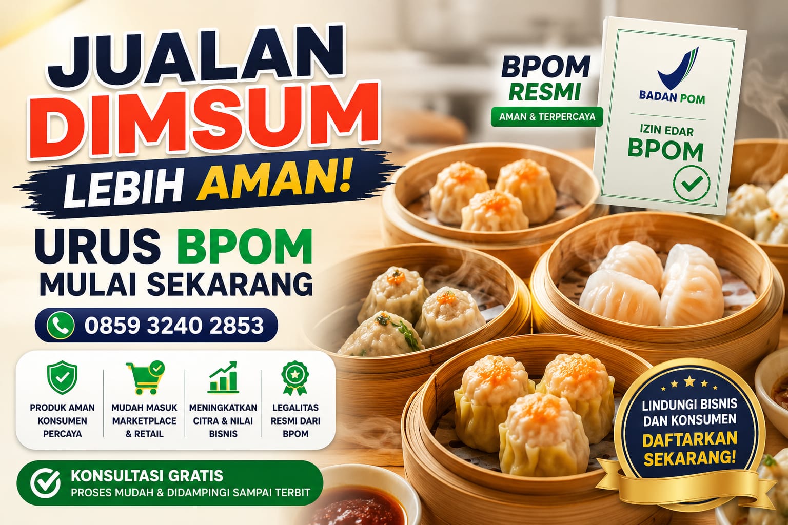Jualan Dimsum Lebih Aman! Urus BPOM  Mulai Sekarang 0859 3240 2853